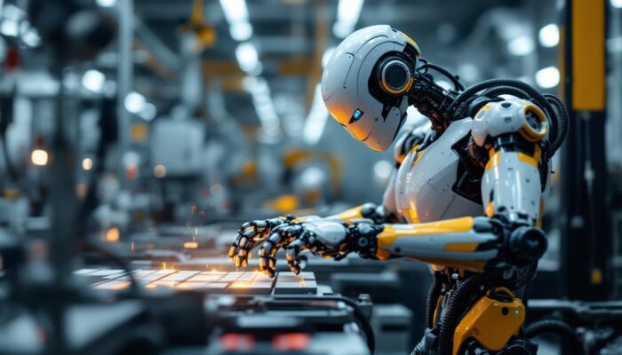 A photograph of a sleek industrial robot in action within a manufacturing setting