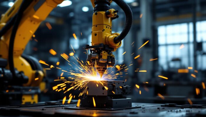 A photograph of a robotic arm performing plasma welding on a metal workpiece in a well-lit industrial setting