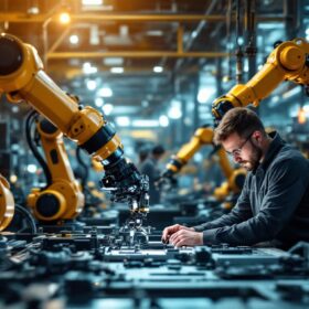 A photograph of a dynamic industrial robotics workspace