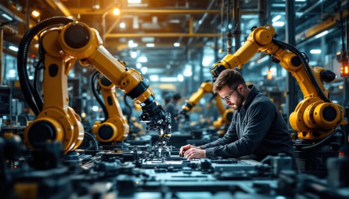 A photograph of a dynamic industrial robotics workspace