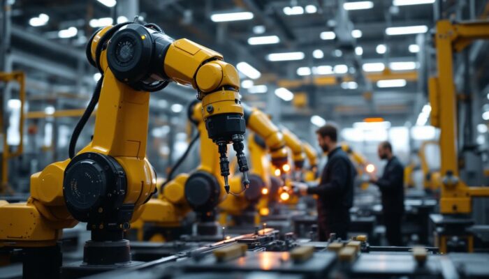 A photograph of a dynamic industrial setting featuring advanced robotic arms in action