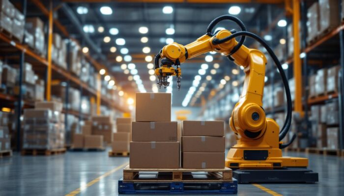 A photograph of a robotic arm efficiently stacking boxes on a pallet in a well-lit industrial setting