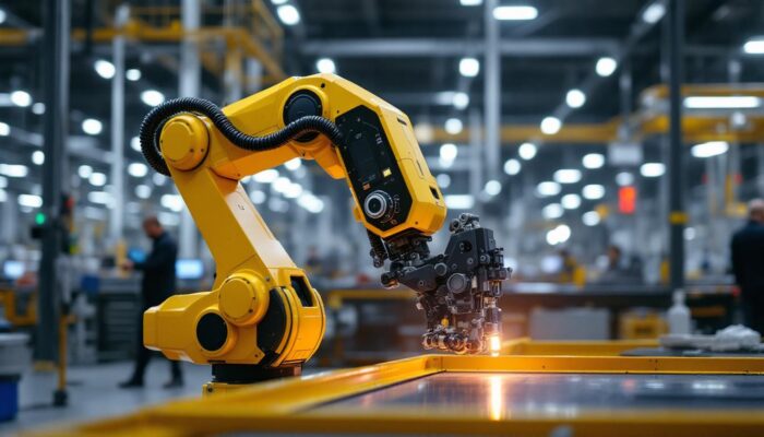 A photograph of capture a photograph of a tesla industrial robot in action on a factory floor