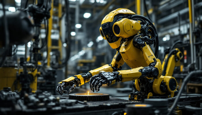 A photograph of a dynamic scene featuring the atlas robot in action within an industrial setting