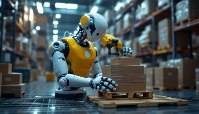 A photograph of a modern industrial robot efficiently handling and arranging palletized goods in a warehouse setting