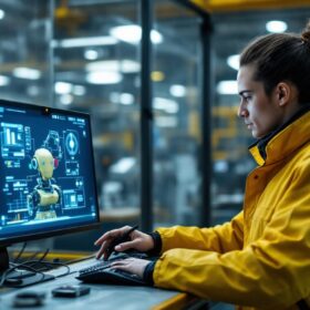 A photograph of a skilled operator using a remote teleoperation interface to control an industrial robot in a dynamic factory setting