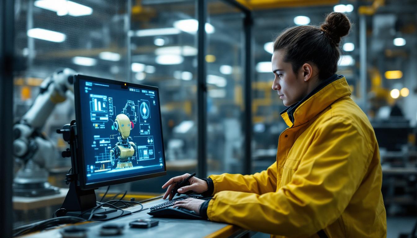 A photograph of a skilled operator using a remote teleoperation interface to control an industrial robot in a dynamic factory setting