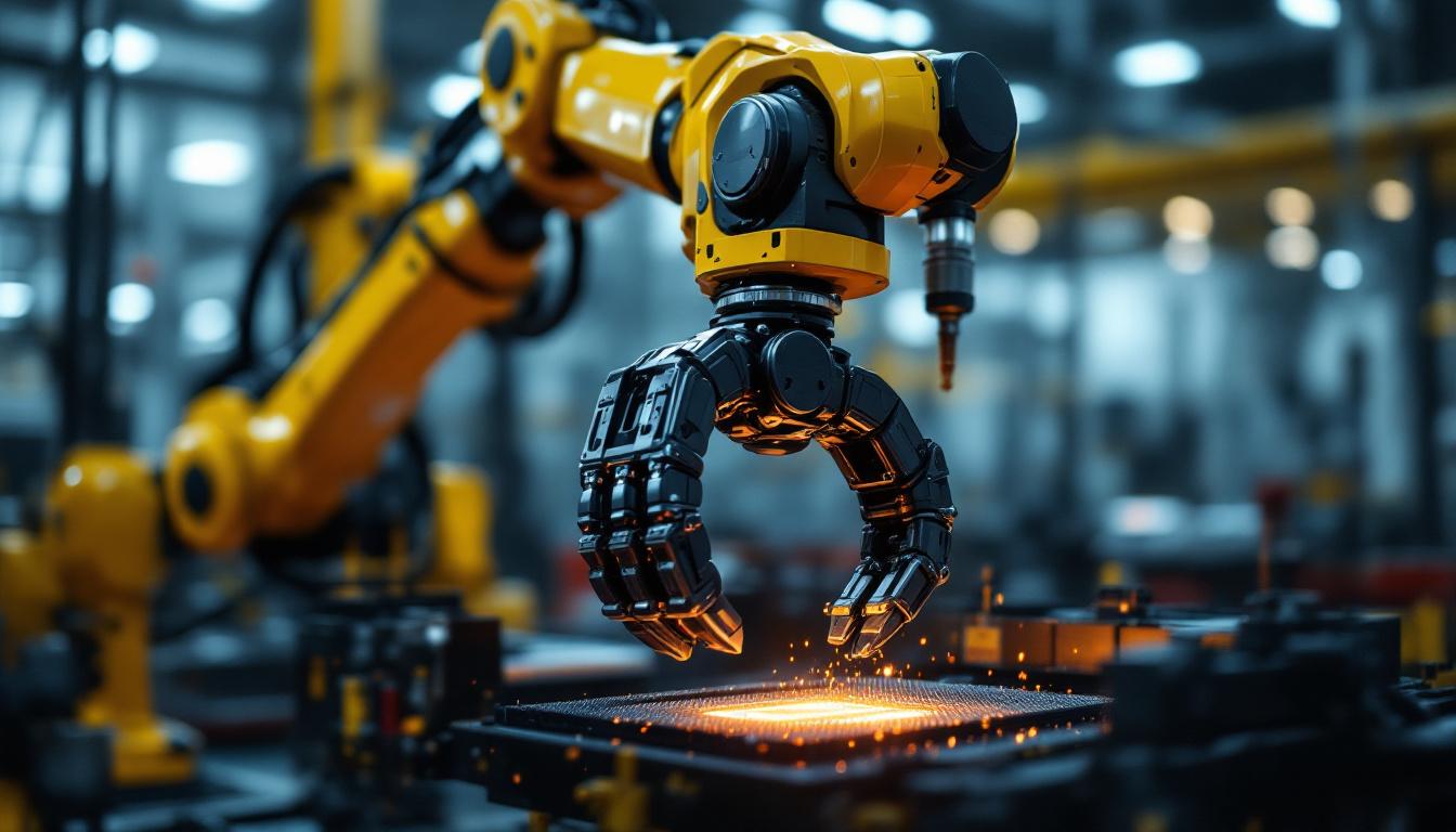 A photograph of a high-tech industrial robotic arm equipped with a versatile gripper in action