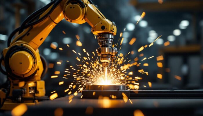 A photograph of a robotic arm performing a gas metal arc welding (gmaw) process