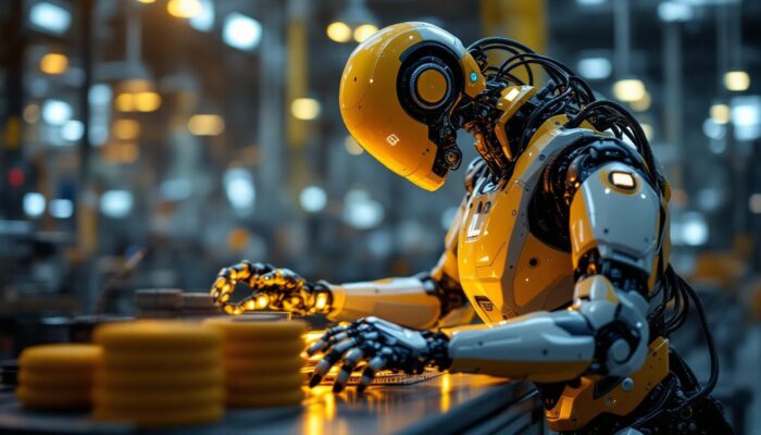A photograph of a sleek industrial robot in action on a factory floor