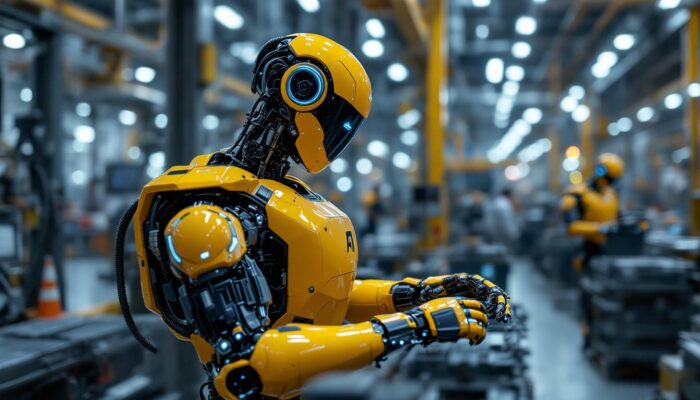 A photograph of a tesla ai robot in an industrial setting
