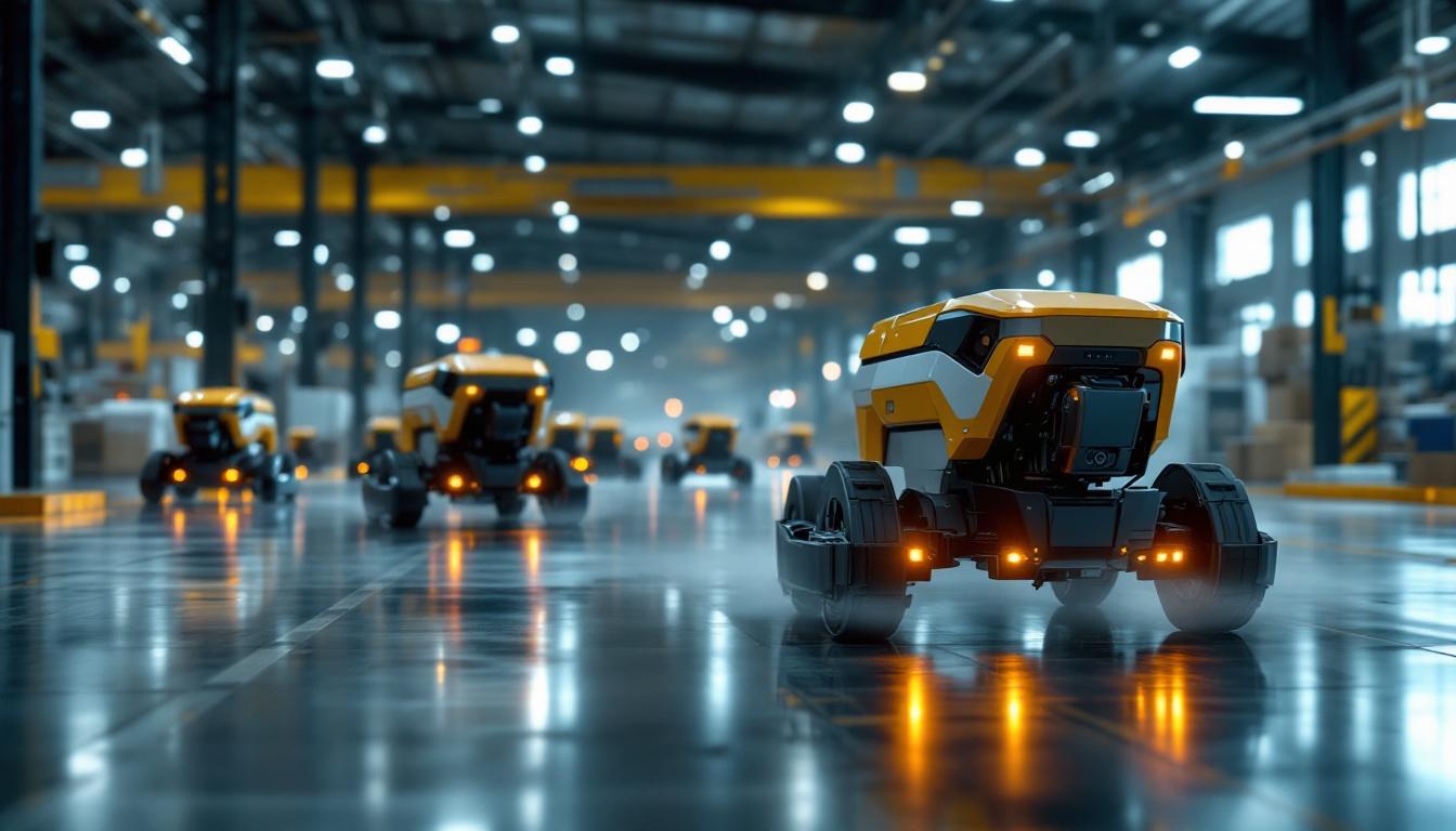A photograph of a dynamic industrial setting showcasing a fleet of robotic vehicles or drones in action