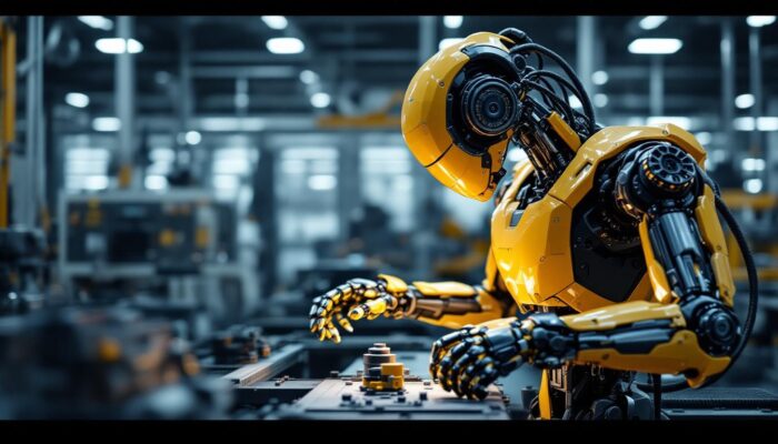 A photograph of a state-of-the-art industrial robot in action within a manufacturing environment