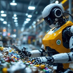 A photograph of a sleek industrial robot in action within a recycling facility