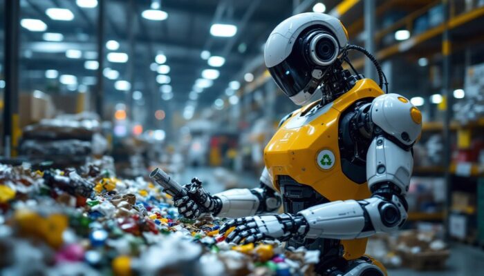 A photograph of a sleek industrial robot in action within a recycling facility