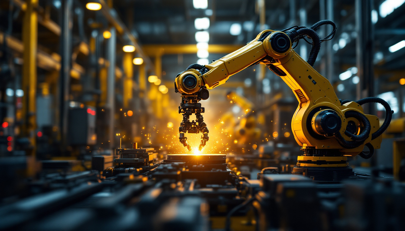 A photograph of a dynamic industrial setting showcasing a robotic arm in action