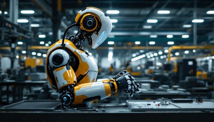 A photograph of a modern industrial robot in action within a manufacturing facility