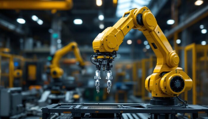 A photograph of a robotic arm in an industrial setting