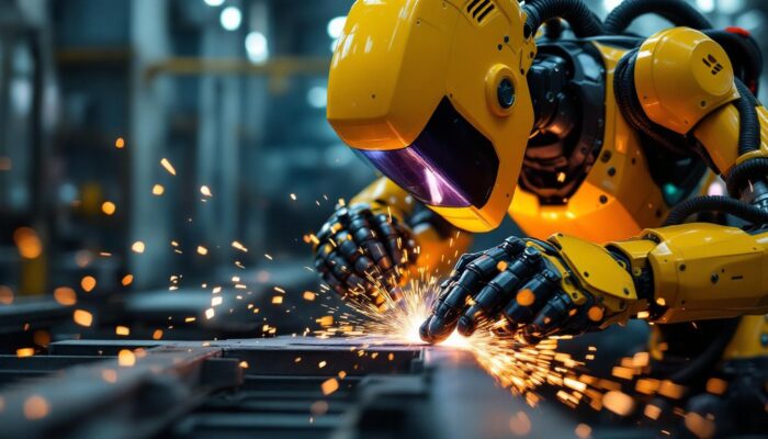 A photograph of a robotic welder in action