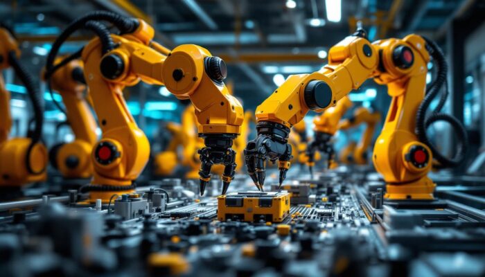 A photograph of a dynamic industrial setting featuring articulated robotic arms in action