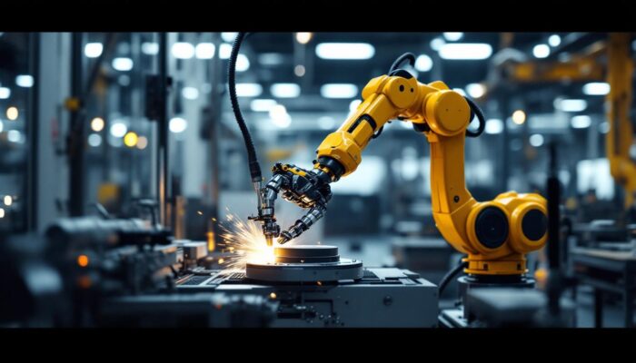 A photograph of a sleek industrial robotic arm in action