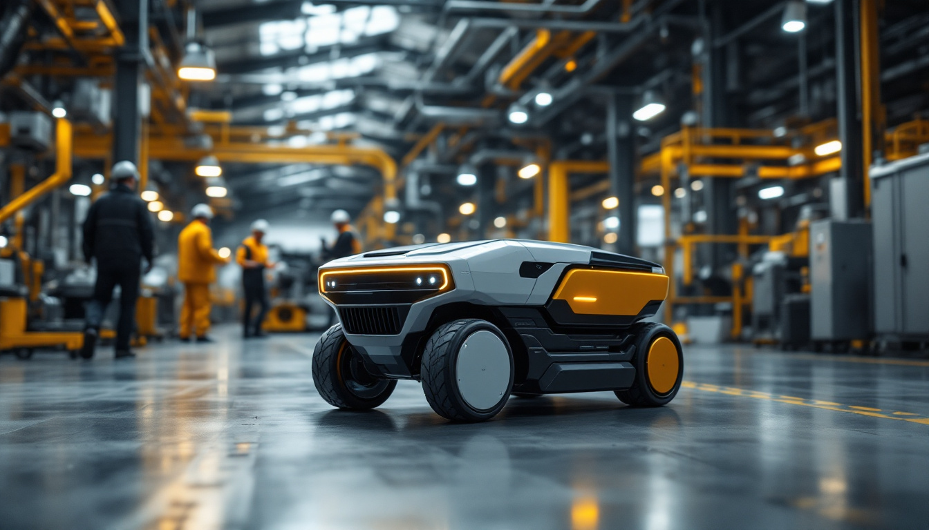A photograph of a sleek autonomous mobile robot navigating through a modern industrial setting