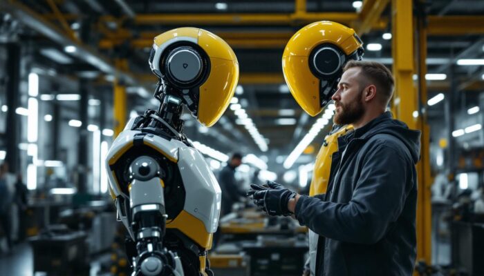 A photograph of a tesla robot in an industrial setting