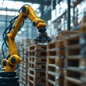 A photograph of a robotic arm efficiently stacking pallets in a modern warehouse setting