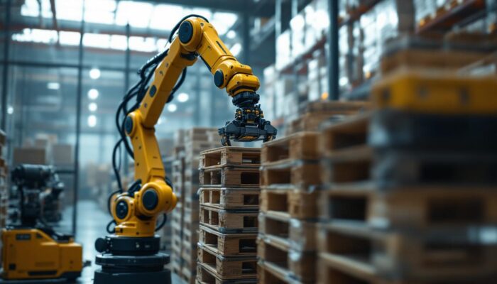 A photograph of a robotic arm efficiently stacking pallets in a modern warehouse setting