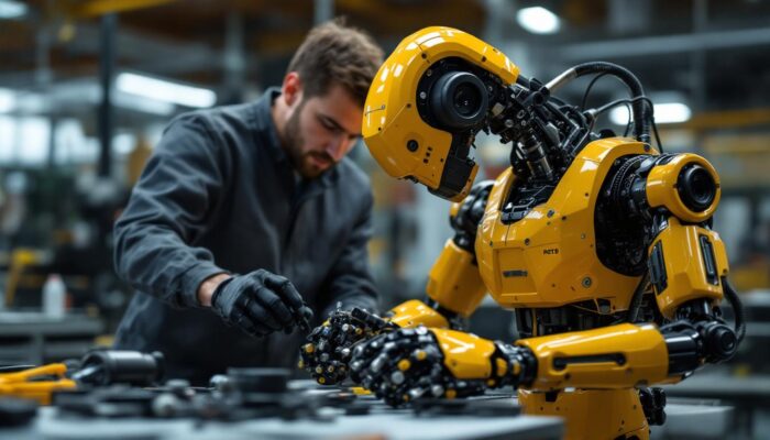 A photograph of a skilled technician assembling an industrial robot in a modern workshop