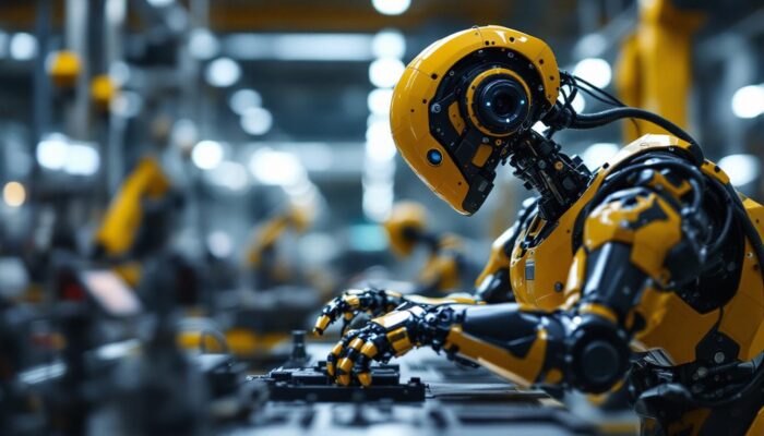 A photograph of a sleek industrial robot equipped with a high-tech camera