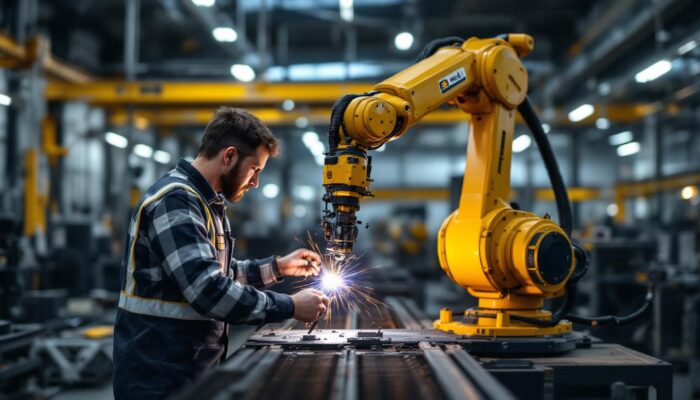 A photograph of a skilled technician operating an eb weld industrial robotic arm in a modern manufacturing setting