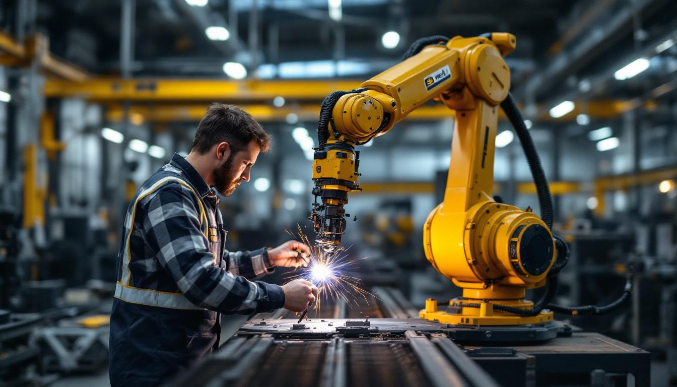 A photograph of a skilled technician operating an eb weld industrial robotic arm in a modern manufacturing setting
