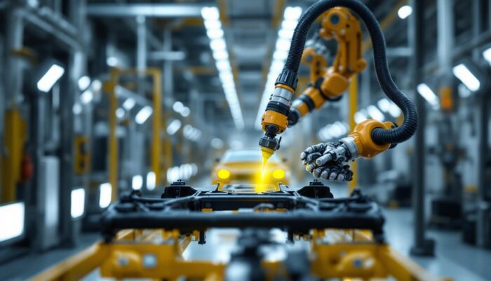 A photograph of a sleek industrial robotic arm in action