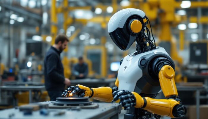 A photograph of capture a photograph of a tesla robot in an industrial setting