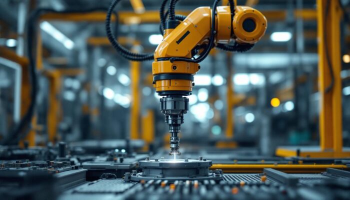 A photograph of a six-axis industrial robot in action