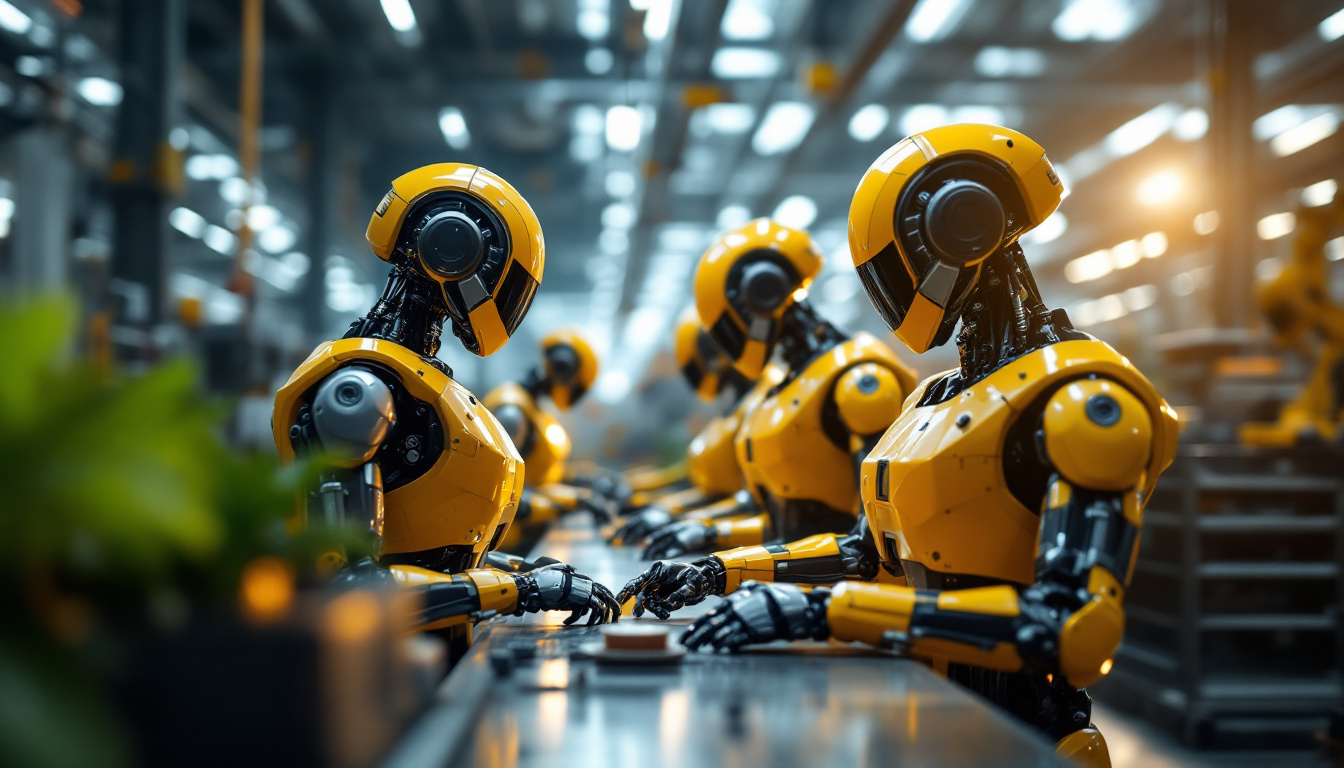 A photograph of a modern industrial setting featuring advanced robots in action