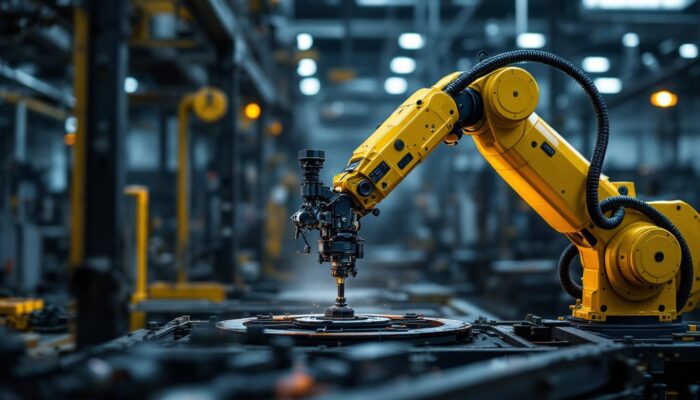 A photograph of a hydraulic robotic arm in action within an industrial setting