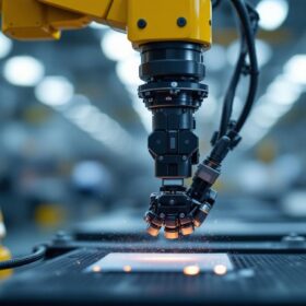 A photograph of a high-tech industrial robot in action