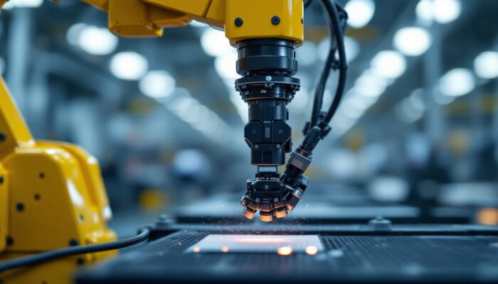 A photograph of a high-tech industrial robot in action