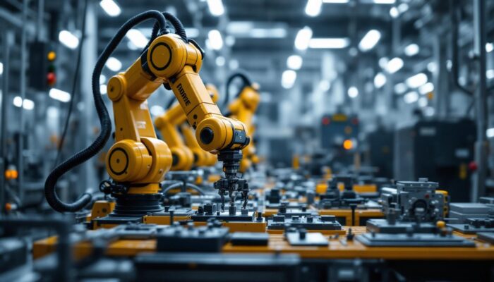 A photograph of a ur5e robotic arm in action within an industrial setting