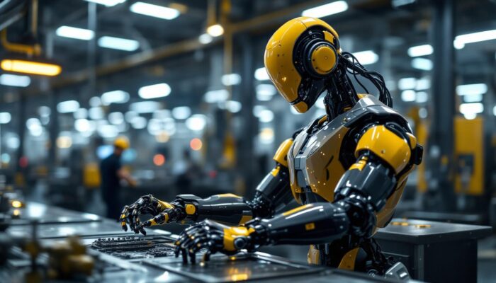 A photograph of a sleek industrial robot in action within a modern manufacturing environment