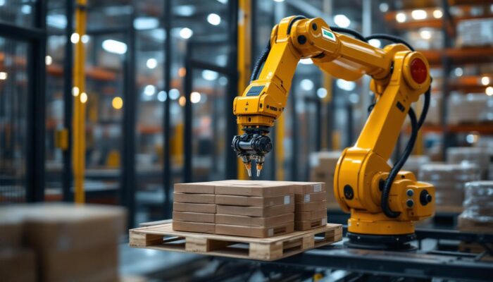 A photograph of a modern industrial robotic arm in action