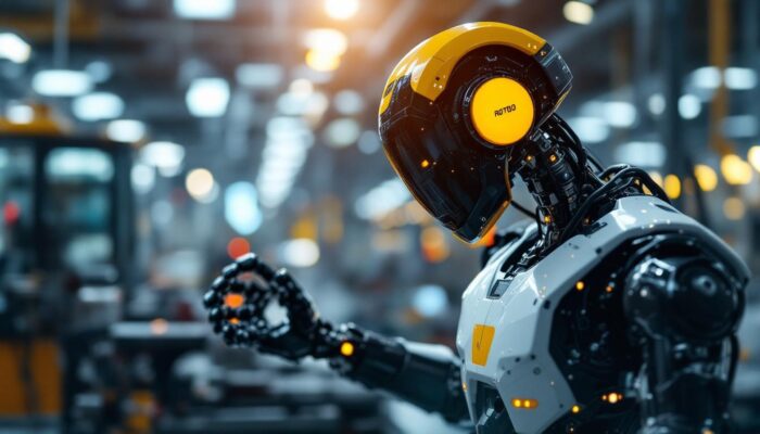 A photograph of a sleek industrial robot in action