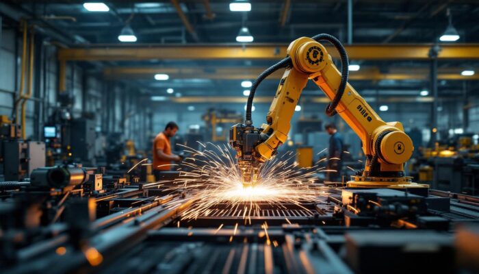 A photograph of a dynamic industrial setting featuring a robotic welder in action