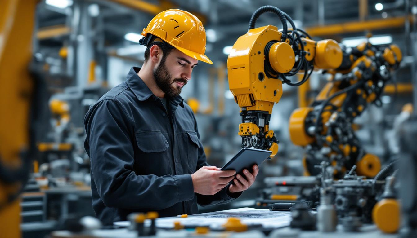 A photograph of a skilled technician examining detailed industrial robot schematics on a digital tablet