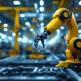 A photograph of a modern industrial robotic arm in action
