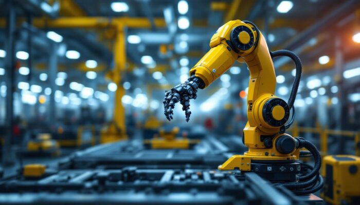 A photograph of a modern industrial robotic arm in action