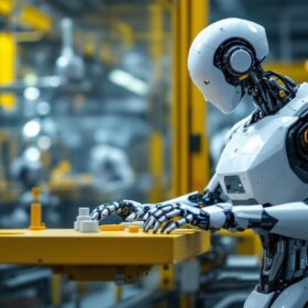 A photograph of capture a photograph of a modern industrial robot in action on a factory floor