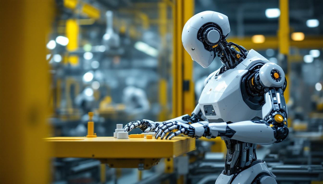 A photograph of capture a photograph of a modern industrial robot in action on a factory floor